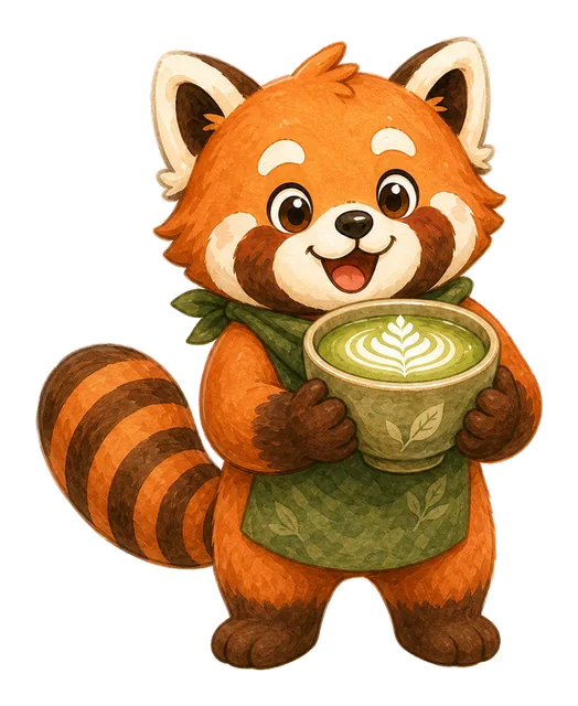 Mochi the red panda holding a bowl of matcha