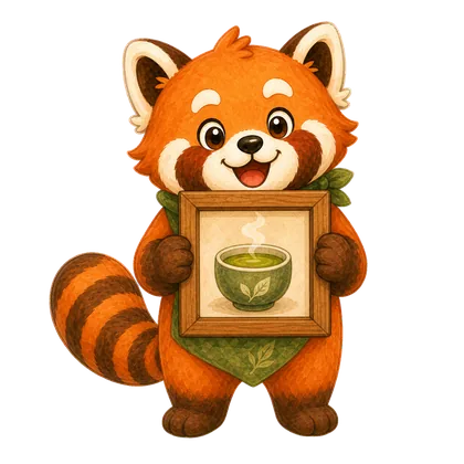 Mochi holding a framed matcha keepsake