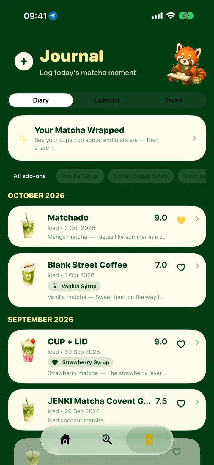The journal: cups by month with scores, add-ons and notes.