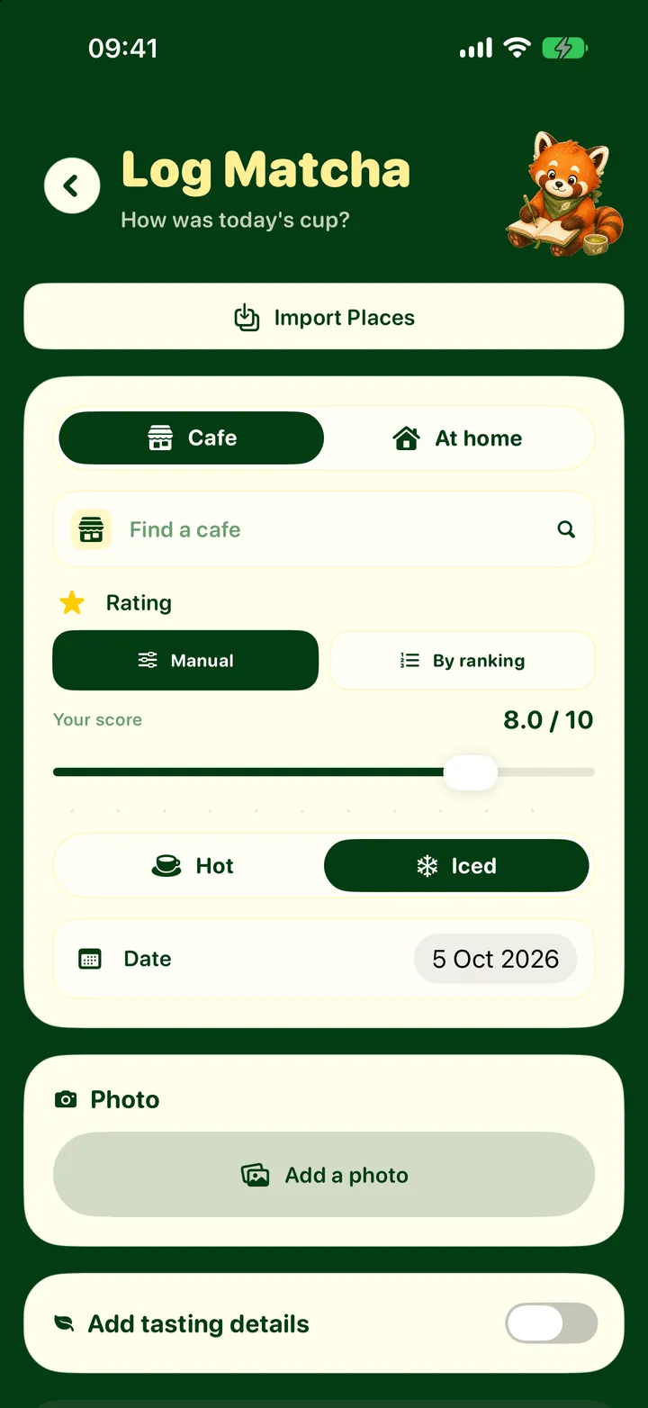 Logging a cup: café or at home, a score out of ten, hot or iced, and a photo.