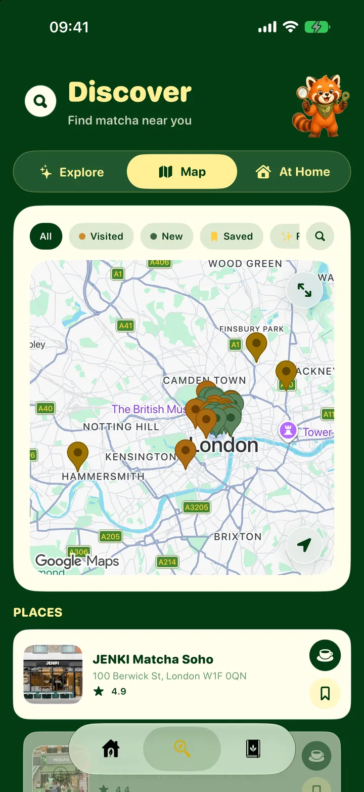 The Discover map: matcha spots across London, with visited, new and saved filters.